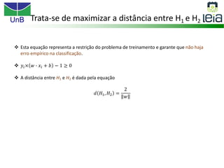 UnB
v Esta equação representa a restrição do problema de treinamento e garante que não haja
erro empírico na classificação.
v 𝑦!× 𝑤 O 𝑥! + 𝑏 − 1 ≥ 0
v A distância entre H1 e H2 é dada pela equação
𝑑 𝐻", 𝐻# =
2
𝑤
Trata-se de maximizar a distância entre H1 e H2
 