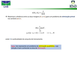 UnB
v Maximizar a distância entre as duas margens (H1 e H2) gera um problema de otimização primal
nas variáveis w e b.
𝑀𝑖𝑛
1
2
𝑤 #,
𝑠𝑎
𝑦!× 𝑤 O 𝑥! + 𝑏 − 1 ≥ 0 i = 1, … N
onde N é cardinalidade do conjunto de treinamento.
𝑑 𝐻", 𝐻# =
2
𝑤
Nota: isto representa um problema de otimização quadrática, cuja
solução é bem conhecida na área de Otimização
 