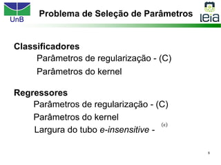 UnB
8
Problema de Seleção de Parâmetros
Parâmetros de regularização - (C)
Classificadores
Parâmetros do kernel
Regressores
Largura do tubo e-insensitive -
Parâmetros de regularização - (C)
Parâmetros do kernel
ϵ
 