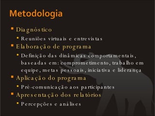 Diagnóstico Reuniões virtuais e entrevistas Elaboração de programa Definição das dinâmicas comportamentais, baseadas em: comprometimento, trabalho em equipe, metas pessoais, iniciativa e liderança Aplicação do programa Pré-comunicação aos participantes Apresentação dos relatórios Percepções e análises 