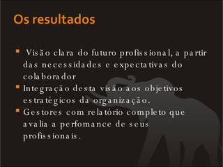 Visão clara do futuro profissional, a partir das necessidades e expectativas do colaborador Integração desta visão aos objetivos estratégicos da organização. Gestores com relatório completo que avalia a perfomance de seus profissionais. 