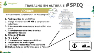 TRABALHO EM ALTURA E #SPIQ
POAnco
Ponto de ancoragem Estrutura
SISTEMA DE ANCORAGEM
Procedimento Operacional de Ancoragem
1. Participantes de um POAnco
2. A força menor do que 6 kN a ser gerada no
trabalhador
3. A força gerada na estrutura que retém uma
queda
4. A complexidade da linha de vida
horizontal flexível
5. Antes do POAnco
6. FQ e ZLQ
7. O ponto de ancoragem no POAnco
8. Dispositivo de ancoragem
9. A inspeção/acreditação da estrutura
10.Ficha e lista de conferência para o POAnco
 