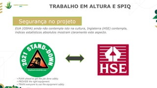 TRABALHO EM ALTURA E SPIQ
EUA (OSHA) ainda não contempla isto na cultura, Inglaterra (HSE) contempla,
índices estatísticos absolutos mostram claramente este aspecto.
Segurança no projeto
• PLAN ahead to get the job done safely.
• PROVIDE the right equipment.
• TRAIN everyone to use the equipment safely.
 