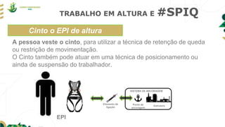 TRABALHO EM ALTURA E #SPIQ
A pessoa veste o cinto, para utilizar a técnica de retenção de queda
ou restrição de movimentação.
O Cinto também pode atuar em uma técnica de posicionamento ou
ainda de suspensão do trabalhador.
Cinto o EPI de altura
EPI
Ponto de
ancoragem
Estrutura
Elemento de
ligação
SISTEMA DE ANCORAGEM
 