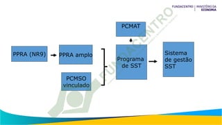 Sistema
de gestão
SST
PCMAT
Programa
de SST
PPRA amplo
PCMSO
vinculado
PPRA (NR9)
 