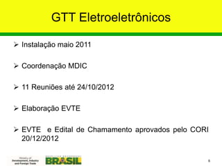 GTT Eletroeletrônicos
 Instalação maio 2011
 Coordenação MDIC
 11 Reuniões até 24/10/2012
 Elaboração EVTE
 EVTE e Edital de Chamamento aprovados pelo CORI
20/12/2012
6
 