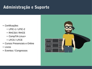 Administração e Suporte
● Certificações
● LPIC-1 / LPIC-2
● RHCSA / RHCE
● CompTIA Linux+
● LFCS / LFCE
● Cursos Presenciais e Online
● Livros
● Eventos / Congressos
 
