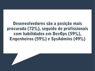 Desenvolvedores são a posição mais
procurada (72%), seguido de profissionais
com habilidades em DevOps (59%),
Engenheiros (59%) e SysAdmins (49%)
 