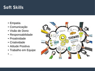 Soft Skills
● Empatia
● Comunicação
● Visão de Dono
● Responsabilidade
● Proatividade
● Criatividade
● Atitude Positiva
● Trabalho em Equipe
● ...
 