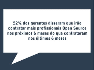 52% dos gerentes disseram que irão
contratar mais profissionais Open Source
nos próximos 6 meses do que contrataram
nos últimos 6 meses
 
