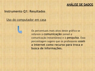 ANÁLISE DE DADOS Instrumento Q1: Resultados Uso do computador em casa Os percentuais mais altos deste gráfico se referem à  comunicação  (email e comunicação instantânea) e à  pesquisa . Essa porcentagem sugere que os professores  usam a internet como recurso para troca e busca de informações. 