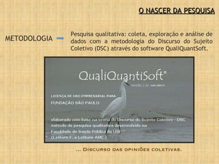 O NASCER DA PESQUISA METODOLOGIA Pesquisa qualitativa: coleta, exploração e análise de dados com a metodologia do Discurso do Sujeito Coletivo (DSC) através do software QualiQuantSoft. ... Discurso das opiniões coletivas. 