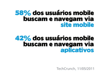 58% dos usuários mobile
  buscam e navegam via
             site mobile

42% dos usuários mobile
  buscam e navegam via
             aplicativos

            TechCrunch, 11/05/2011
 