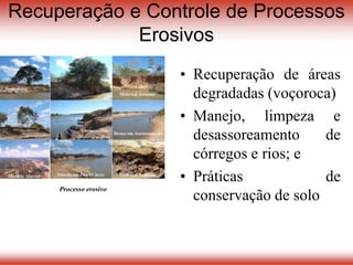 Processo erosivo
Recuperação e Controle de Processos
Erosivos
• Recuperação de áreas
degradadas (voçoroca)
• Manejo, limpeza e
desassoreamento de
córregos e rios; e
• Práticas de
conservação de solo
 