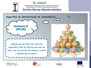 Agrupamento Vertical de Escolas do Concelho de Sousel Escola Básica 2, 3 Padre Joaquim Maria Fernandes Centro Novas Oportunidades Sugestões de demonstração de competências… Unidade B (MV3B) Suponha que vai fazer uma festa de aniversário. Para tal efectue uma lista de tudo o que vai precisar de comprar e estime o dinheiro que vai gastar. 