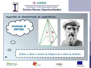 Agrupamento Vertical de Escolas do Concelho de Sousel Escola Básica 2, 3 Padre Joaquim Maria Fernandes Centro Novas Oportunidades Sugestões de demonstração de competências… Unidade B (MV3B) Conhecer e aplicar o teorema de Pitágoras para o cálculo de distâncias. 