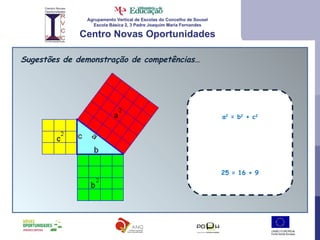 Agrupamento Vertical de Escolas do Concelho de Sousel Escola Básica 2, 3 Padre Joaquim Maria Fernandes Centro Novas Oportunidades Sugestões de demonstração de competências… a 2  = b 2  + c 2 25 = 16 + 9 
