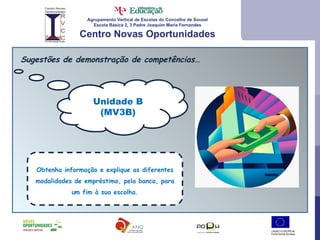 Agrupamento Vertical de Escolas do Concelho de Sousel Escola Básica 2, 3 Padre Joaquim Maria Fernandes Centro Novas Oportunidades Sugestões de demonstração de competências… Unidade B (MV3B) Obtenha informação e explique as diferentes modalidades de empréstimo, pela banca, para um fim à sua escolha. 