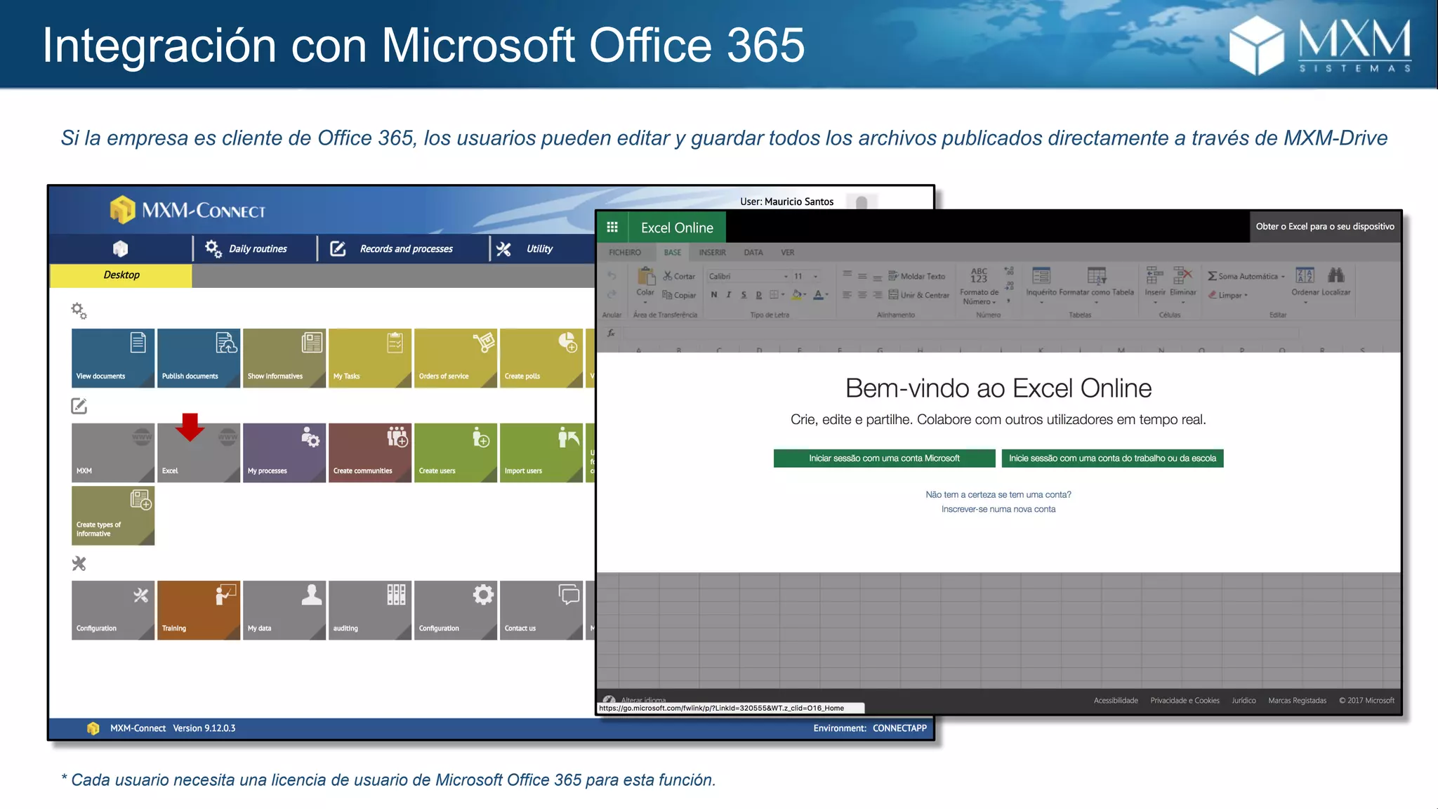 Integración con Microsoft Office 365
Si la empresa es cliente de Office 365, los usuarios pueden editar y guardar todos los archivos publicados directamente a través de MXM-Drive
* Cada usuario necesita una licencia de usuario de Microsoft Office 365 para esta función.
 