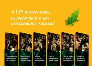 A UP! fornece todos
os meios para o seu
crescimento e sucesso!
Treinamentos de
Vendas Oficiais
em todo Brasil
Mega Reuniões
Mensais de
Reconhecimento
Reuniões
da Elite UP!
Semanalmente
Curso de
Treinadores de
Vendas Oficiais
Curso de Gestão
de Centro de
Distribuição UP!
Convenção
Nacional UP!
Anualmente
 