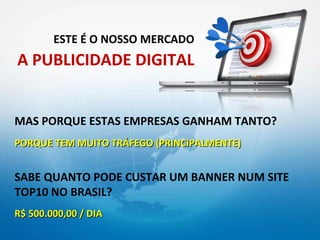 ESTE É O NOSSO MERCADO
A PUBLICIDADE DIGITAL


MAS PORQUE ESTAS EMPRESAS GANHAM TANTO?
PORQUE TEM MUITO TRÁFEGO (PRINCIPALMENTE)


SABE QUANTO PODE CUSTAR UM BANNER NUM SITE
TOP10 NO BRASIL?
R$ 500.000,00 / DIA
 