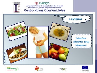 Agrupamento Vertical de Escolas do Concelho de Sousel Escola Básica 2, 3 Padre Joaquim Maria Fernandes Centro Novas Oportunidades A NUTRIÇÃO S – DR1 – S1 Identificar diferentes dietas alimentares. 