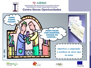 Agrupamento Vertical de Escolas do Concelho de Sousel Escola Básica 2, 3 Padre Joaquim Maria Fernandes Centro Novas Oportunidades GE – DR3 COMO POSSO PAGAR? PODE PAGAR COM DINHEIRO, CHEQUE OU CARTÃO… Identificar e compreender a existência de vários tipos de moeda 