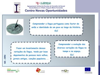 Agrupamento Vertical de Escolas do Concelho de Sousel Escola Básica 2, 3 Padre Joaquim Maria Fernandes Centro Novas Oportunidades GE – DR4  Compreender a evolução das diversas variações da língua no tempo e no espaço. CLC Fazer um levantamento dessas variações da língua, tendo por base depoimentos de pessoas mais velhas, jornais antigos, canções populares, … Compreender a língua portuguesa como factor de  união e identidade de um povo ao longo da História. CLC 