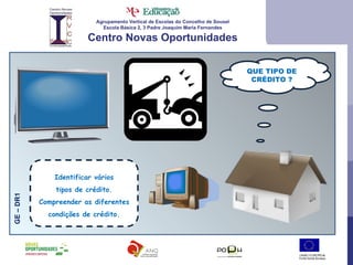 Agrupamento Vertical de Escolas do Concelho de Sousel Escola Básica 2, 3 Padre Joaquim Maria Fernandes Centro Novas Oportunidades QUE TIPO DE CRÉDITO ? GE – DR1 Identificar vários tipos de crédito. Compreender as diferentes condições de crédito. 