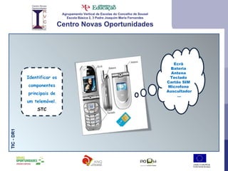 Agrupamento Vertical de Escolas do Concelho de Sousel Escola Básica 2, 3 Padre Joaquim Maria Fernandes Centro Novas Oportunidades Identificar os componentes principais de um telemóvel. STC TIC - DR1  Ecrã  Bateria  Antena  Teclado  Cartão SIM  Microfone  Auscultador … 