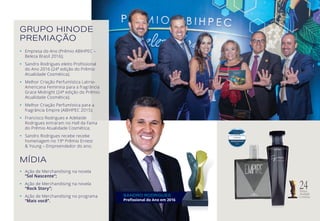 •	 Empresa do Ano (Prêmio ABIHPEC –
	 Beleza Brasil 2016);
•	 Sandro Rodrigues eleito Profissional
	 do Ano 2016 (24ª edição do Prêmio
	 Atualidade Cosmética);
•	 Melhor Criação Perfumística Latino-
	 Americana Feminina para a fragrância
	 Grace Midnight (24ª edição do Prêmio
	 Atualidade Cosmética);
•	 Melhor Criação Perfumística para a
	 fragrância Empire (ABIHPEC 2015);
•	 Francisco Rodrigues e Adelaide
	 Rodrigues entraram no Hall da Fama
	 do Prêmio Atualidade Cosmética;
•	 Sandro Rodrigues recebe recebe
	 homenagem no 19º Prêmio Ernest
	 & Young – Empreendedor do ano;
•	 Ação de Merchandising na novela
	 “Sol Nascente”;
•	 Ação de Merchandising na novela
	 “Rock Story”;
•	 Ação de Merchandising no programa
	 “Mais você”.
MÍDIA
SANDRO RODRIGUES
Profissional do Ano em 2016
GRUPO HINODE
PREMIAÇÃO
 