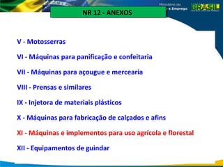 V - Motosserras
VI - Máquinas para panificação e confeitaria
VII - Máquinas para açougue e mercearia
VIII - Prensas e similares
IX - Injetora de materiais plásticos
X - Máquinas para fabricação de calçados e afins
XI - Máquinas e implementos para uso agrícola e florestal
XII - Equipamentos de guindar
NR 12 - ANEXOS
NR 12 - ANEXOS
 