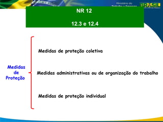 Medidas
de
Proteção
Medidas de proteção coletiva
Medidas administrativas ou de organização do trabalho
Medidas de proteção individual
NR 12
12.3 e 12.4
 
