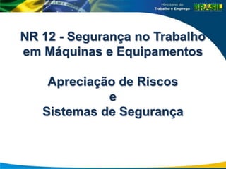 NR 12 - Segurança no Trabalho
em Máquinas e Equipamentos
Apreciação de Riscos
e
Sistemas de Segurança
 