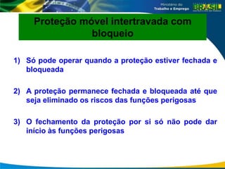 1) Só pode operar quando a proteção estiver fechada e
bloqueada
2) A proteção permanece fechada e bloqueada até que
seja eliminado os riscos das funções perigosas
3) O fechamento da proteção por si só não pode dar
início às funções perigosas
Proteção móvel intertravada com
bloqueio
 