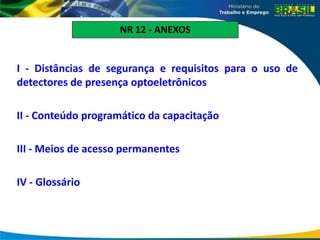 I - Distâncias de segurança e requisitos para o uso de
detectores de presença optoeletrônicos
II - Conteúdo programático da capacitação
III - Meios de acesso permanentes
IV - Glossário
NR 12 - ANEXOS
 