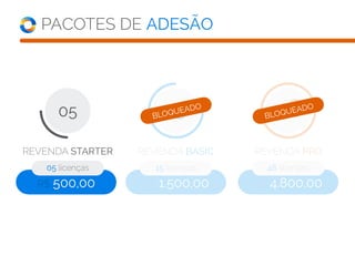 REVENDA STARTER
05 licenças
PACOTES DE ADESÃO
05
R$ 500,00
REVENDA BASIC
15 licenças
15
R$ 1.500,00
REVENDA PRO
48 licenças
48
R$ 4.800,00
BLOQUEADO
BLOQUEADO
 