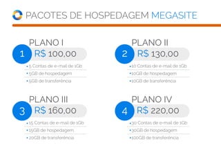 PACOTES DE HOSPEDAGEM MEGASITE
PLANO I
R$ 100,001
5 Contas de e-mail de 1Gb
5GB de hospedagem
5GB de transferência
PLANO II
R$ 130,002
10 Contas de e-mail de 1Gb
10GB de hospedagem
10GB de transferência
PLANO III
R$ 160,003
15 Contas de e-mail de 1Gb
15GB de hospedagem
20GB de transferência
PLANO IV
R$ 220,004
30 Contas de e-mail de 1Gb
30GB de hospedagem
100GB de transferência
 