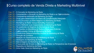 Curso completo de Venda Direta e Marketing Multinível
Cap. 01 - O Conceito de Marketing de Rede
Cap. 02 - Compreender a Situação do Marketing de Rede e as Oportunidades
Cap. 03 - Compreender o Modelo de Marketing de Rede
Cap. 04 - Dicas para Desenvolver um Plano de Compensação Adequada
Cap. 05 - Como encontrar um Bom Negócio no Marketing de Rede
Cap. 07 - Marketing de Rede Versus Marketing Tradicional
Cap. 07 - Como Melhorar suas Capacidades no Marketing de Rede
Cap. 08 - Os essências do Negócio do Marketing de Rede
Cap. 10 - As Fraudes no Marketing de Rede e Dicas para Evitá-las
Cap. 11 - Oportunidades Online de Marketing de Rede
Cap. 12 - Construindo Relacionamentos Através do Marketing de Rede
Cap. 13 - Geração de Contatos
Cap. 14 - Medição do Desempenho do Marketing de Rede
Cap. 15 - Vantagens do Marketing de Rede
Cap. 16 - Desvantagens do Marketing de Rede
Cap. 17 - O que pode dar Errado no Marketing de Rede na Perspectiva das Empresas
Cap. 18 - Segredos do Marketing de Rede
Cap. 19 - Uma Visão Geral do Marketing de Rede
 