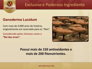 Exclusivo e Poderoso Ingrediente


Ganoderma Lucidum
Com mais de 4.000 anos de história,
originalmente era reservado para os “Reis”.
Considerado pelos chineses como o
“Rei das ervas”.



               Possui mais de 150 antioxidantes e
                  mais de 200 fitonutrientes.
 