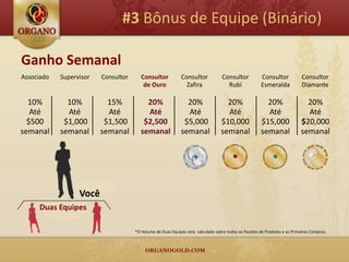 #3 Bônus de Equipe (Binário)

Ganho Semanal
Associado   Supervisor   Consultor      Consultor           Consultor             Consultor           Consultor            Consultor
                                         de Ouro              Zafira                Rubí              Esmeralda            Diamante

  10%         10%          15%            20%                 20%                  20%                  20%                 20%
   Até        Até          Até            Até                 Até                  Até                  Até                 Até
  $500       $1,000       $1,500         $2,500              $5,000              $10,000              $15,000             $20,000
semanal     semanal      semanal        semanal             semanal              semanal              semanal             semanal




                  Você
     Duas Equipes

                                     *O Volume de Duas Equipes esta calculado sobre todos os Pacotes de Produtos e as Primeiras Compras.
 