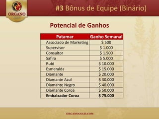 #3 Bônus de Equipe (Binário)

  Potencial de Ganhos
     Patamar             Ganho Semanal
Associado de Marketing        $ 500
Supervisor                   $ 1.000
Consultor                    $ 1.500
Safira                       $ 5.000
Rubi                        $ 10.000
Esmeralda                   $ 15.000
Diamante                    $ 20.000
Diamante Azul               $ 30.000
Diamante Negro              $ 40.000
Diamante Coroa              $ 50.000
Embaixador Coroa            $ 75.000
 