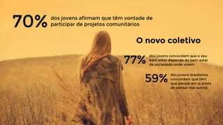 70% dos jovens afirmam que têm vontade de
participar de projetos comunitários
O novo coletivo
59%
77%
dos jovens concordam que o seu
bem estar depende do bem estar
da sociedade onde vivem
dos jovens brasileiros
concordam que têm  
que pensar em si antes  
de pensar nos outros
 