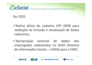 No INSS
Rotina diária do cadastro CPF (RFB) para
validação na inclusão e atualização de dados
cadastrais;
Apropriação semanal de dados dos
empregados cadastrados no SIISO (Sistema
de Informações Sociais – CAIXA) para o CNIS.
 