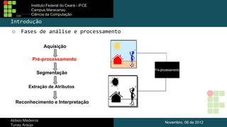 Instituto Federal do Ceará - IFCE
Campus Maracanaú
Ciência da Computação

Introdução
○

Fases de análise e processamento
Aquisição
Pré-processamento
Segmentação
Extração de Atributos

Reconhecimento e Interpretação

Aldisio Medeiros
Tunay Araújo

Novembro, 08 de 2012

 
