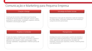 Comunicação e Marketing para Pequena Empresa
Estratégia de canais e comunicação, aumento de conversão e
market share, design de performance, cross-mídia, pesquisas
online, diagnósticos web, planejamento estratégico de
marketing, comunicação corporativa, eventos, marketing direto
e de relacionamento.
Planejamento
Planejamento e execução de campanhas e ações de marketing
em mídias digitais, construção e gestão de e-mail marketing e
campanhas de links patrocinados.
Estratégia de Redes Sociais
Construção de conceitos e identidade visual (branding).
Produção de arte para banners, ilustrações, anúncios, peças
publicitárias, apresentações, embalagens, papelaria, editorial,
newsletter e comunicação em geral
Criação e Design
Criação de projetos completos para website, portais
corporativos, plataformas, intranet, e-commerce, sistemas e
aplicativos web, soluções mobile, landing pages e blogs,
incluindo usabilidade, navegabilidade e melhores práticas de
mercado.
Projetos e Conteúdo
 