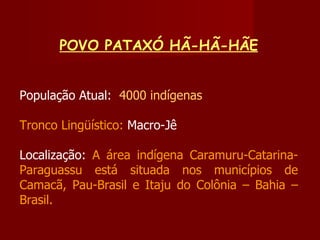 POVO PATAXÓ HÃ-HÃ-HÃE População Atual:   4000 indígenas Tronco Lingüístico:  Macro-Jê Localização:  A área indígena Caramuru-Catarina-Paraguassu está situada nos municípios de Camacã, Pau-Brasil e Itaju do Colônia – Bahia – Brasil. 