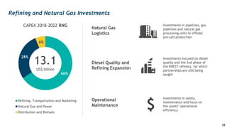 Refining and Natural Gas Investments
66%
28%
6%
CAPEX 2018-2022 RNG
Refining, Transportation and Marketing
Natural Gas and Power
Distribution and Biofuels
13.1
US$ billion
Natural Gas
Logistics
Investments in pipelines, gas
pipelines and natural gas
processing units to offload
pre-salt production
Diesel Quality and
Refining Expansion
Operational
Maintenance
Investments focused on diesel
quality and the 2nd phase of
the RNEST refinery, for which
partnerships are still being
sought
Investments in safety,
maintenance and focus on
the assets’ operational
efficiency
$
18
 