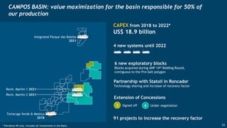 CAMPOS BASIN: value maximization for the basin responsible for 50% of
our production
6 Under negotiation3 Signed off
Extension of Concessions
4 new systems until 2022
Tartaruga Verde & Mestiça
2018
Integrated Parque das Baleias
2021
Revit. Marlim 1 2021
Revit. Marlim 2 2021
91 projects to increase the recovery factor
6 new exploratory blocks
Blocks acquired during ANP 14th Bidding Round,
contiguous to the Pre-Salt polygon
CAPEX from 2018 to 2022*
US$ 18.9 billion
* Petrobras WI only. Includes all investments in the Basin
Partnership with Statoil in Roncador
Technology sharing and increase of recovery factor
31
 