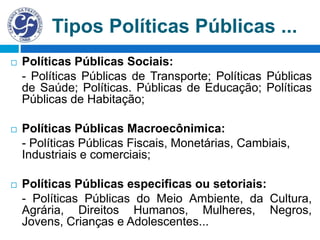 Tipos Políticas Públicas ...
 Políticas Públicas Sociais:
- Políticas Públicas de Transporte; Políticas Públicas
de Saúde; Políticas. Públicas de Educação; Políticas
Públicas de Habitação;
 Políticas Públicas Macroecônimica:
- Políticas Públicas Fiscais, Monetárias, Cambiais,
Industriais e comerciais;
 Políticas Públicas especificas ou setoriais:
- Políticas Públicas do Meio Ambiente, da Cultura,
Agrária, Direitos Humanos, Mulheres, Negros,
Jovens, Crianças e Adolescentes...
 